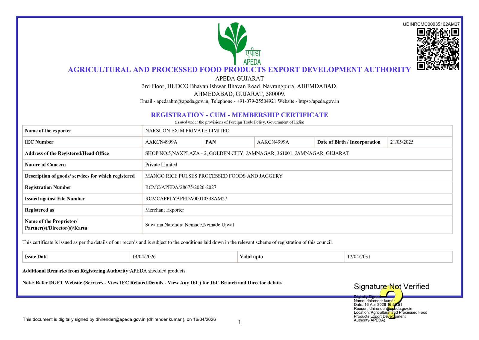 APEDA Certificate Scan